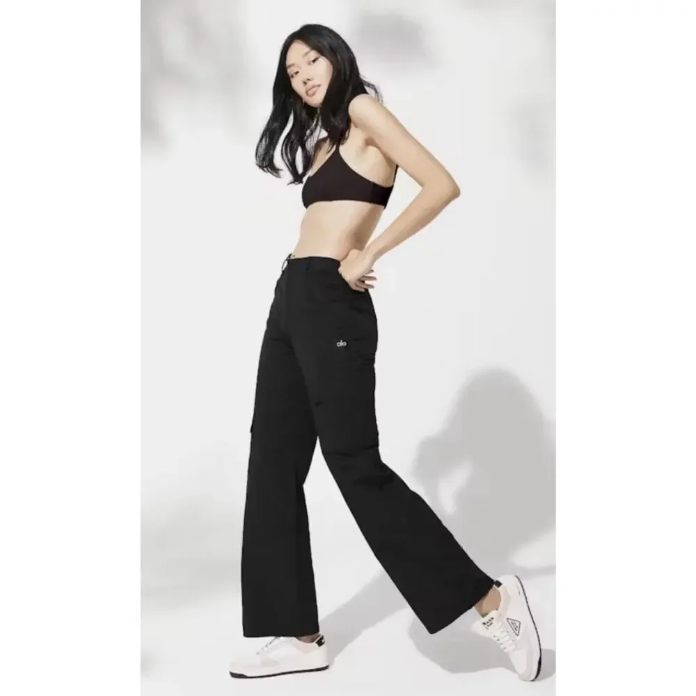 ALO YOGA All That Trouser Cargo Pant •L• Black Wide Leg Street Wear - Picture 2 of 15